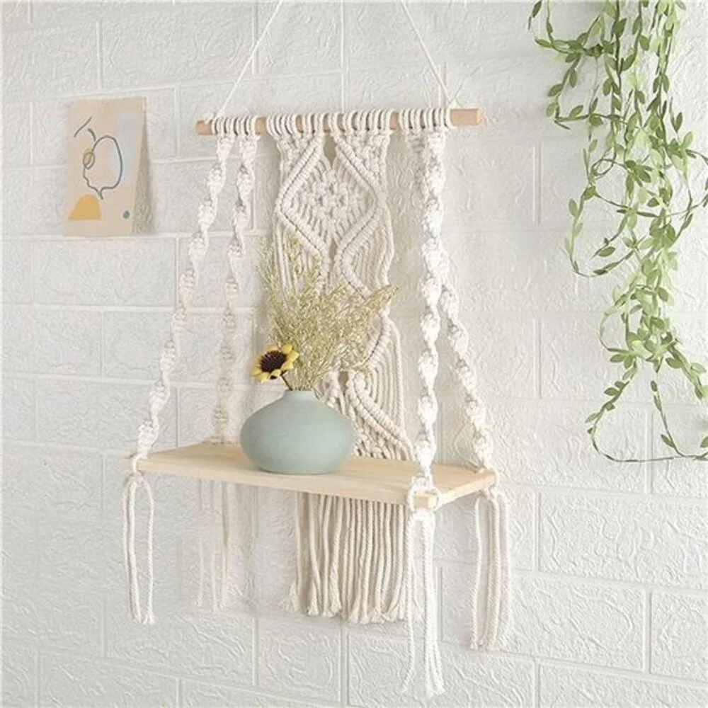 Macrame Wall Hanging Plant Decor Shelf Indoor Outdoor Floating Wood shelve